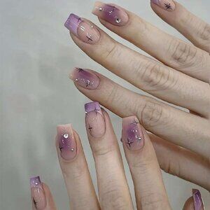 24pc French Style Star Diamond Short Press-on Nails